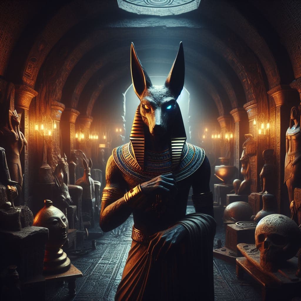 AI generated: Design a photograph of the Egyptian god Anubis in a dark and moody underworld setting, surrounded by...