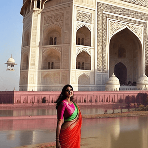 AI generated: A indian girl with large boobs ... standing near taj mahal.. wearing  a saree
