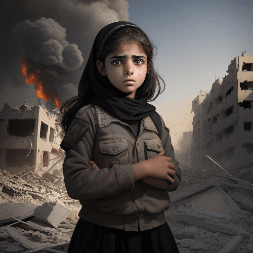 AI generated: A realistic image of a palestinian young girl, 13 years old, in a war gaza city, her facial expressi...