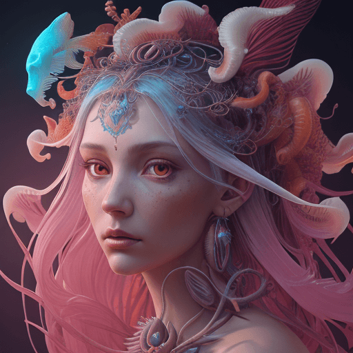 AI generated: Goddess close-up portrait ribcagel. jellyfish phoenix head, nautilus, orchid, skull, betta fish, bio...