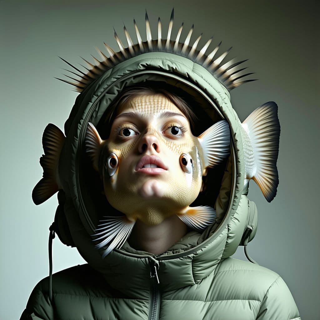 AI generated: woman wearing a puffer fish on her face, in the style of nicolas bruno, surreal comic scenes, jarrin...