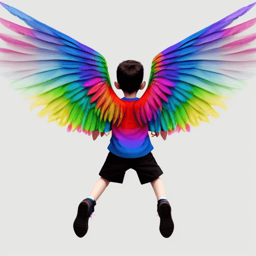 AI generated: colorful wings with kid flying, wings on the back