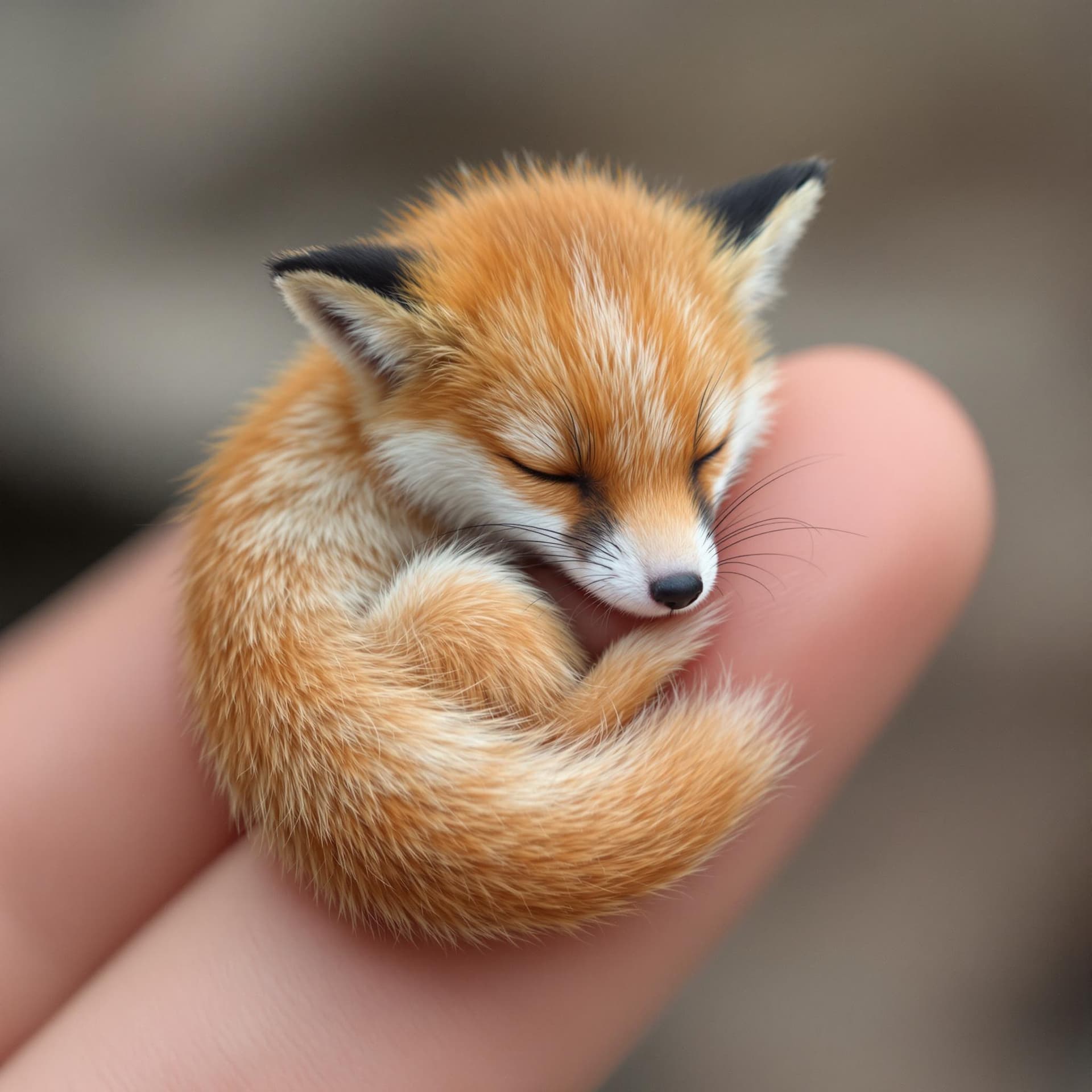AI generated: A miniature fox, the size of a pea, curled up and peacefully sleeping on a human fingertip. Its soft...