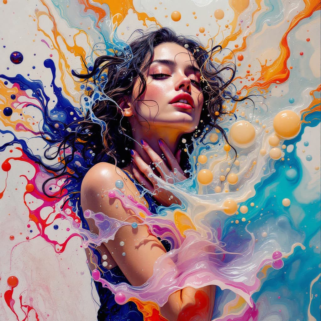 AI generated: Resin Art, Layered Surfaces, Translucent Colors, Fluid, Woman Holding Resin Pouring, Flowing Pose, A...