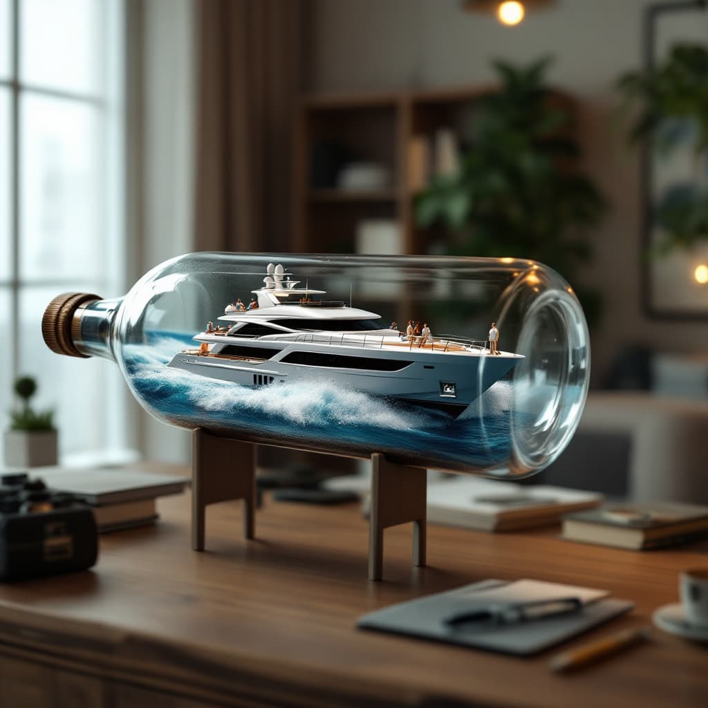 AI generated: A realistic ship in a bottle, featuring a luxury super yacht scene. The yacht is busy with a few peo...