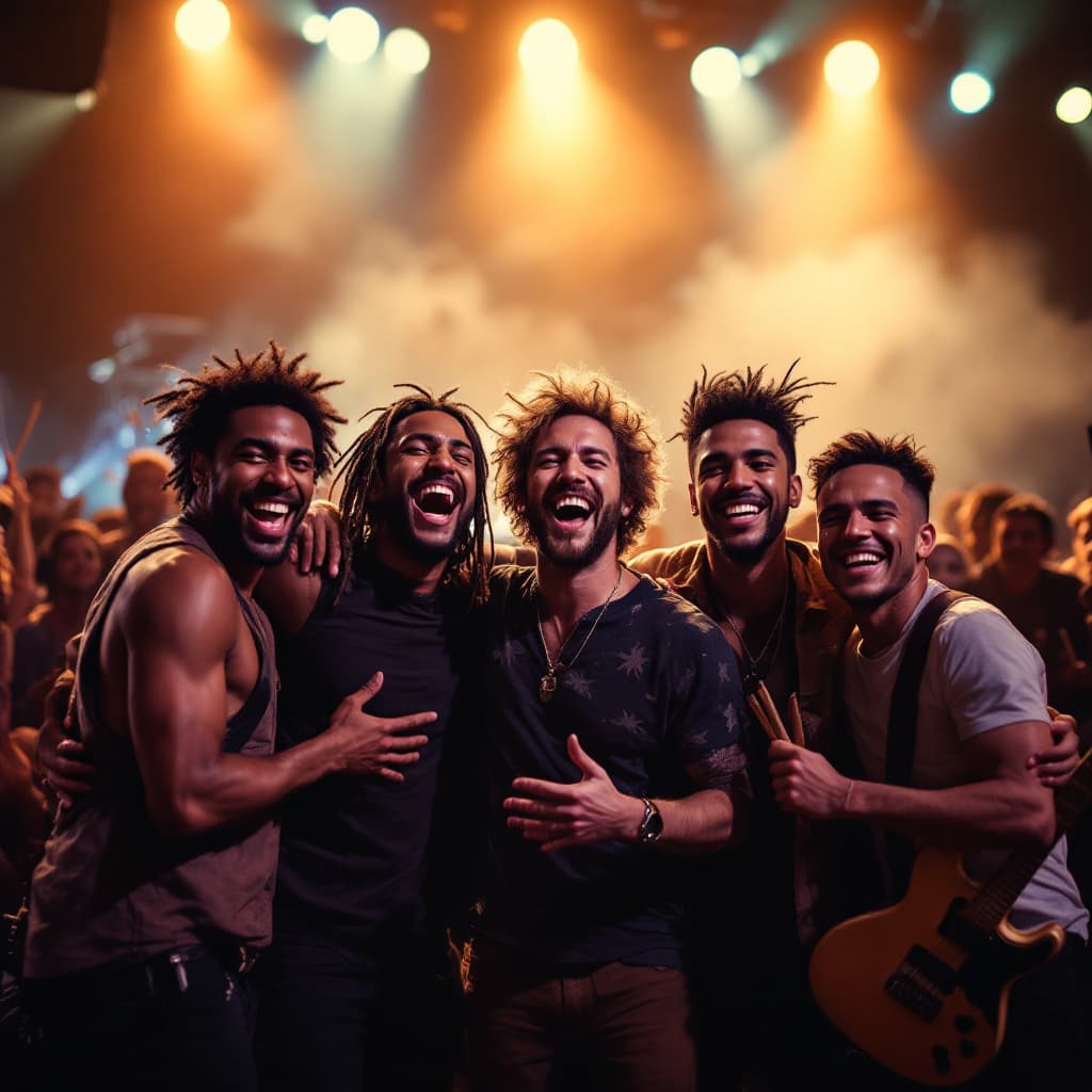 AI generated: A diverse, energetic band of musicians celebrating after a successful concert, standing on a stage u...
