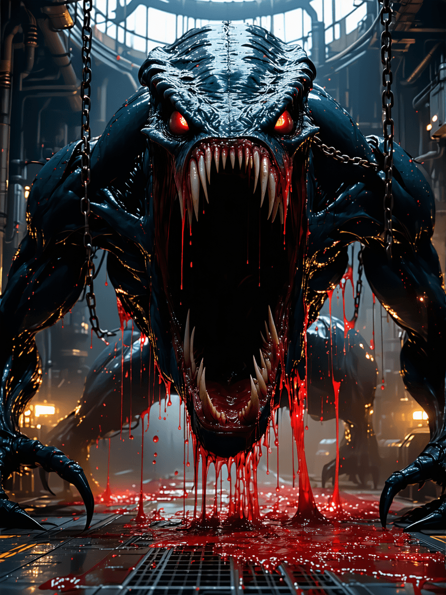 AI generated: A cinematic still from a sci-fi movie. (Evil beasts have invaded a space colony but have been killed...