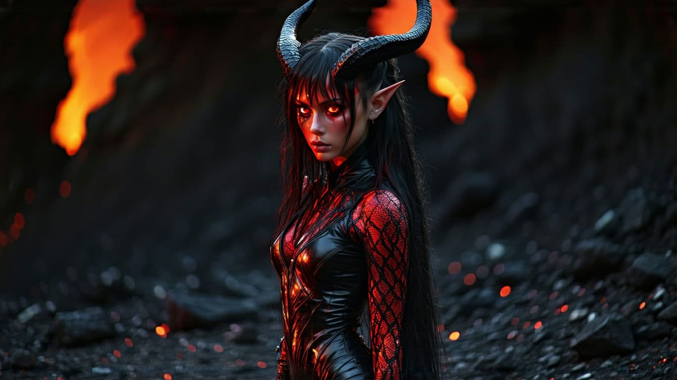 AI generated:  Music Video, A powerful, athletic female demon with rippling muscles, dressed in intricate, red sna...