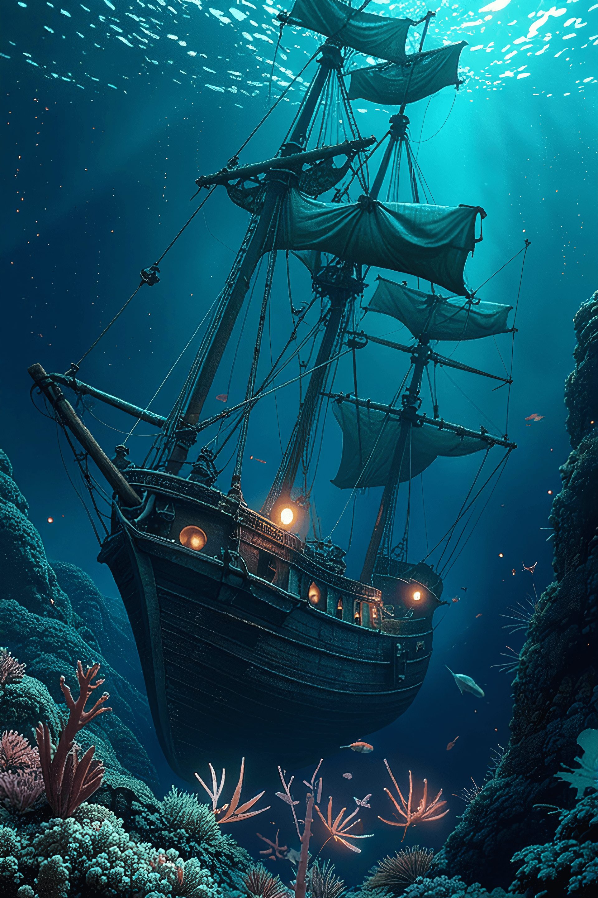 AI generated: A hyperrealistic, cinematic image of a majestic wooden sailing ship with tattered sails, exploring a...