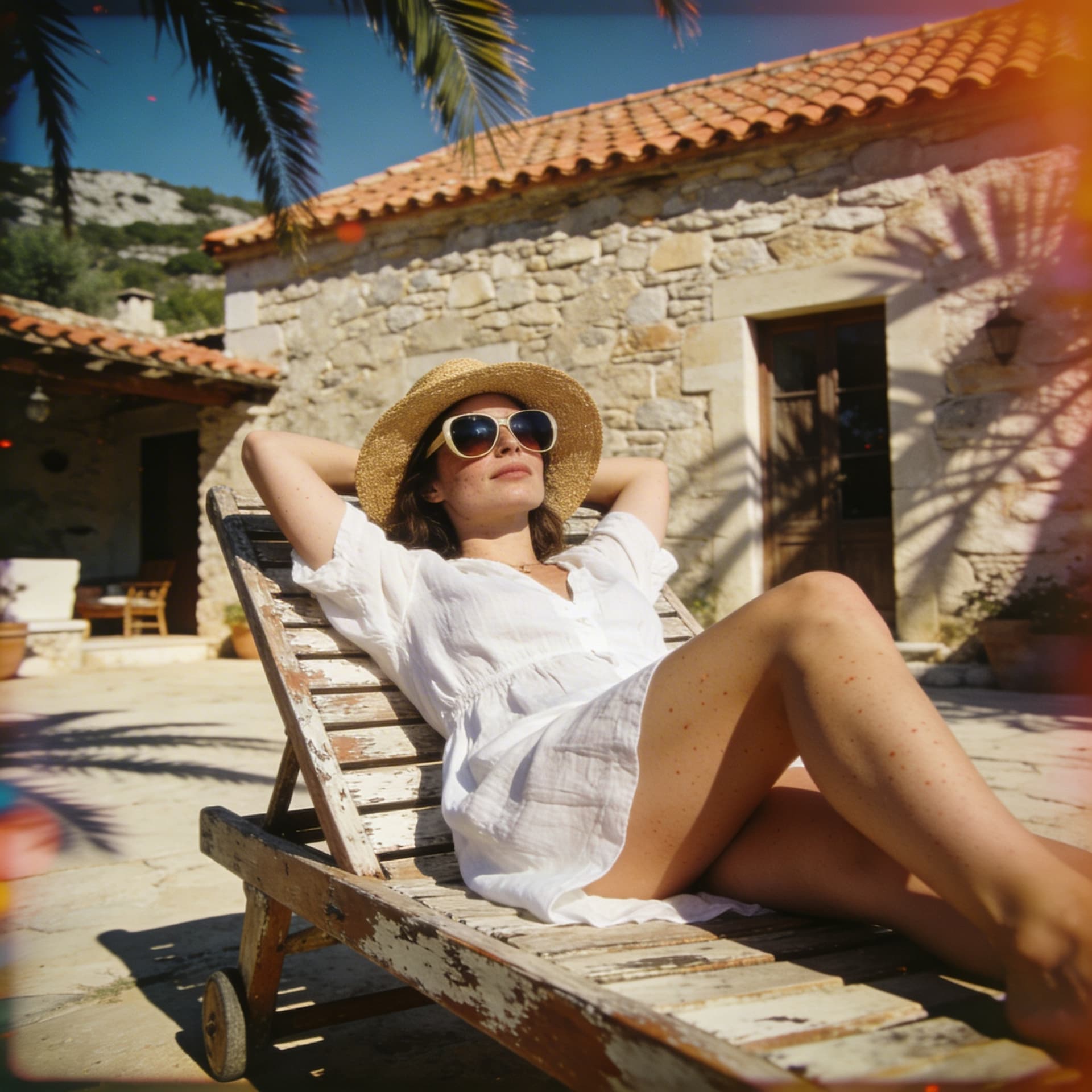 AI generated: 
Style: fashion-magazine, relaxed candid lifestyle private vacation, old house, sunbath, Mediterrane...