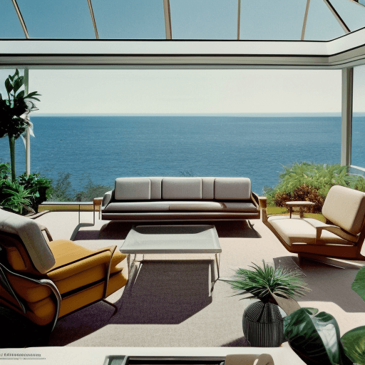AI generated: Hyper realistic eye level exterior photo of a mid century modern style house overlooking the ocean, ...