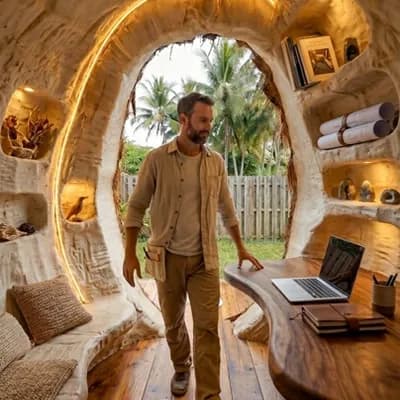 AI generated video: Static camera, builder sits at carved desk, runs hand along shell wall, lights softly glow, calm fin...