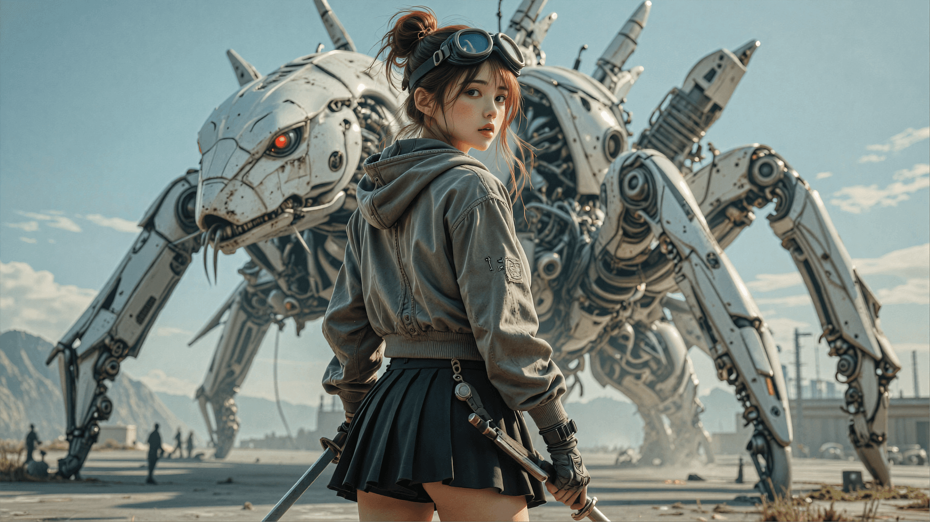 AI generated: A highly detailed, photorealistic, cinematic low-angle wide shot of a young female warrior standing ...
