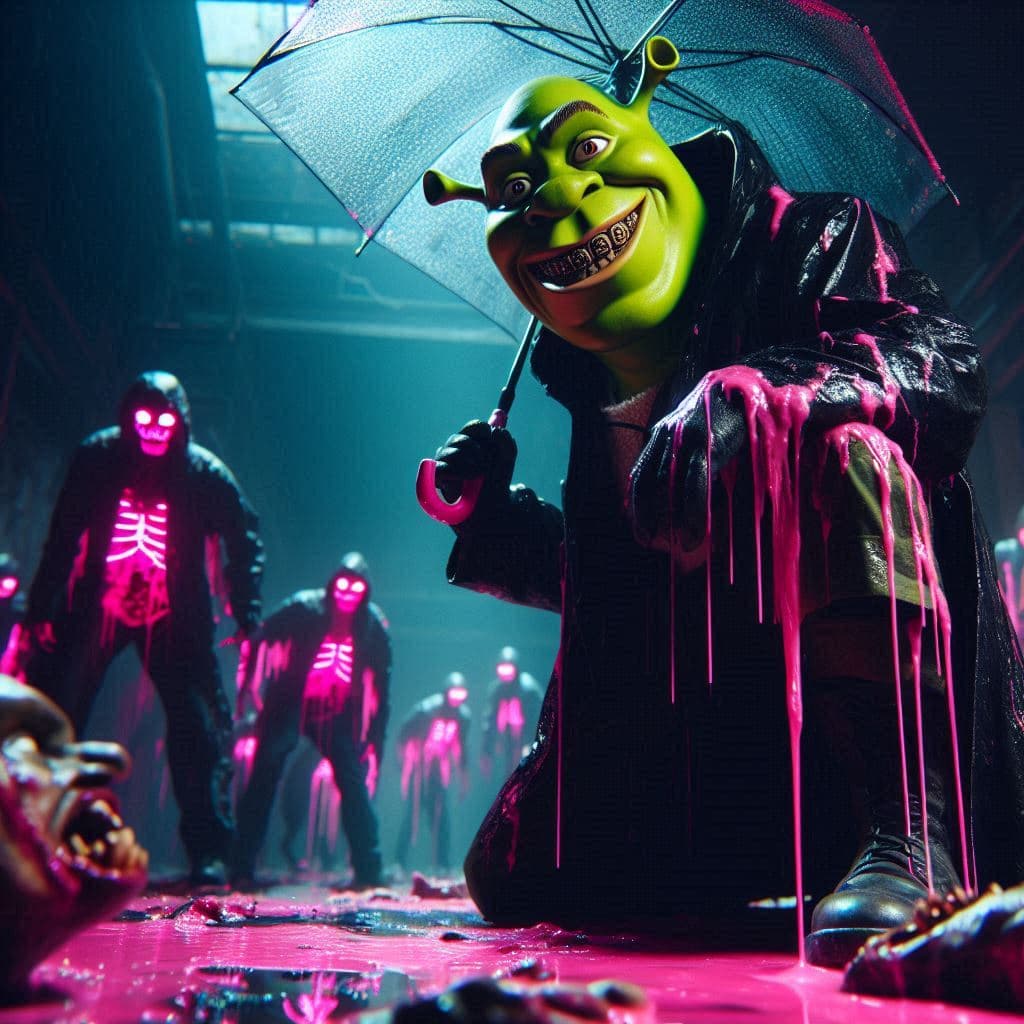 AI generated: vista intimidante y superioridad de cerca en angulo contrapicado de Shrek vestido con chubasquero ne...