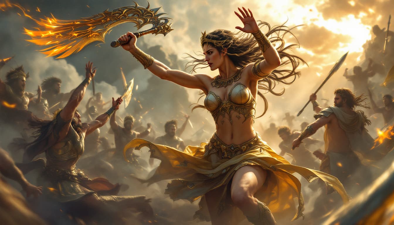 AI generated: A dramatic depiction of Athena, the Greek goddess of wisdom and war, in an intense battle against ot...