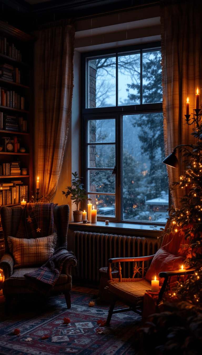 AI generated: photo of a cozy reading nook, near a big window, plaid pattern, old house, romantic, candlelight, bi...