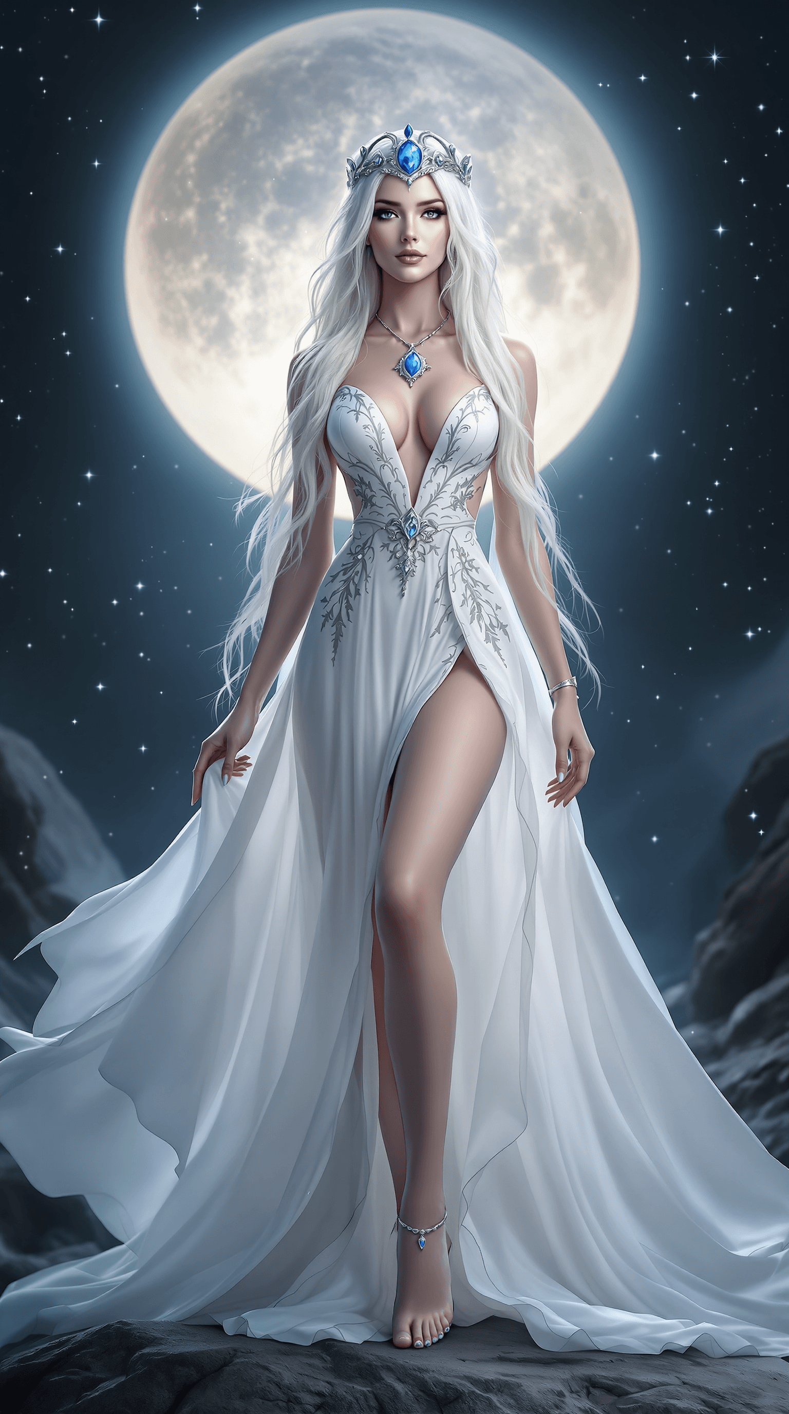 AI generated: a stunning fantasy portrait of a confident woman standing in a mystical setting, captured with a wid...