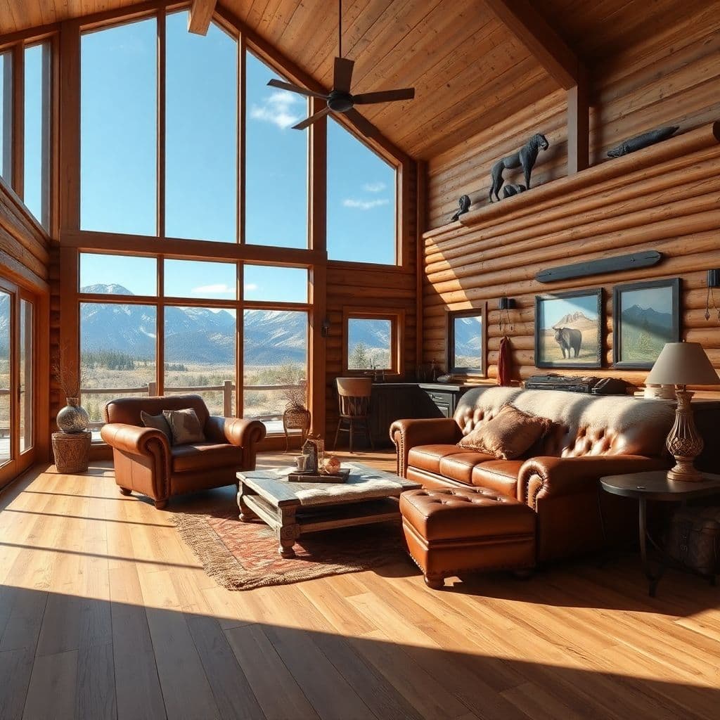 AI generated: High resolution photography interior design, dreamy western living room, wooden floor, large windows...