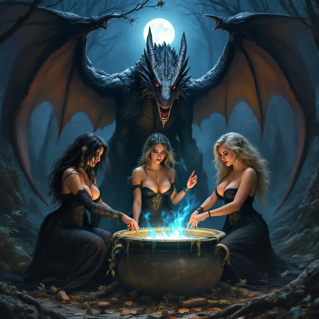 AI generated: 3 voluptuous female witches with macromastia performing ritual around a cauldron with blue fire by m...