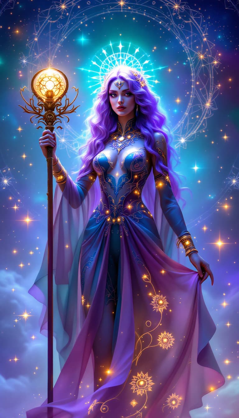 AI generated: "Astral Weaver in Celestial Bloom": A figure with ornate, celestial features and a long, violet bob ...