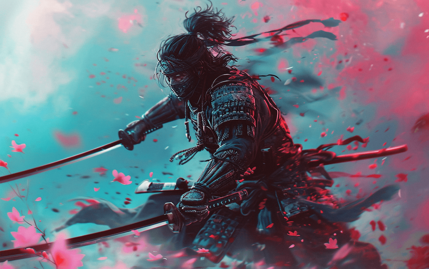 AI generated: The coolest looking samurai ever, ready to attack, we can see his whole body and swords, ultra detai...