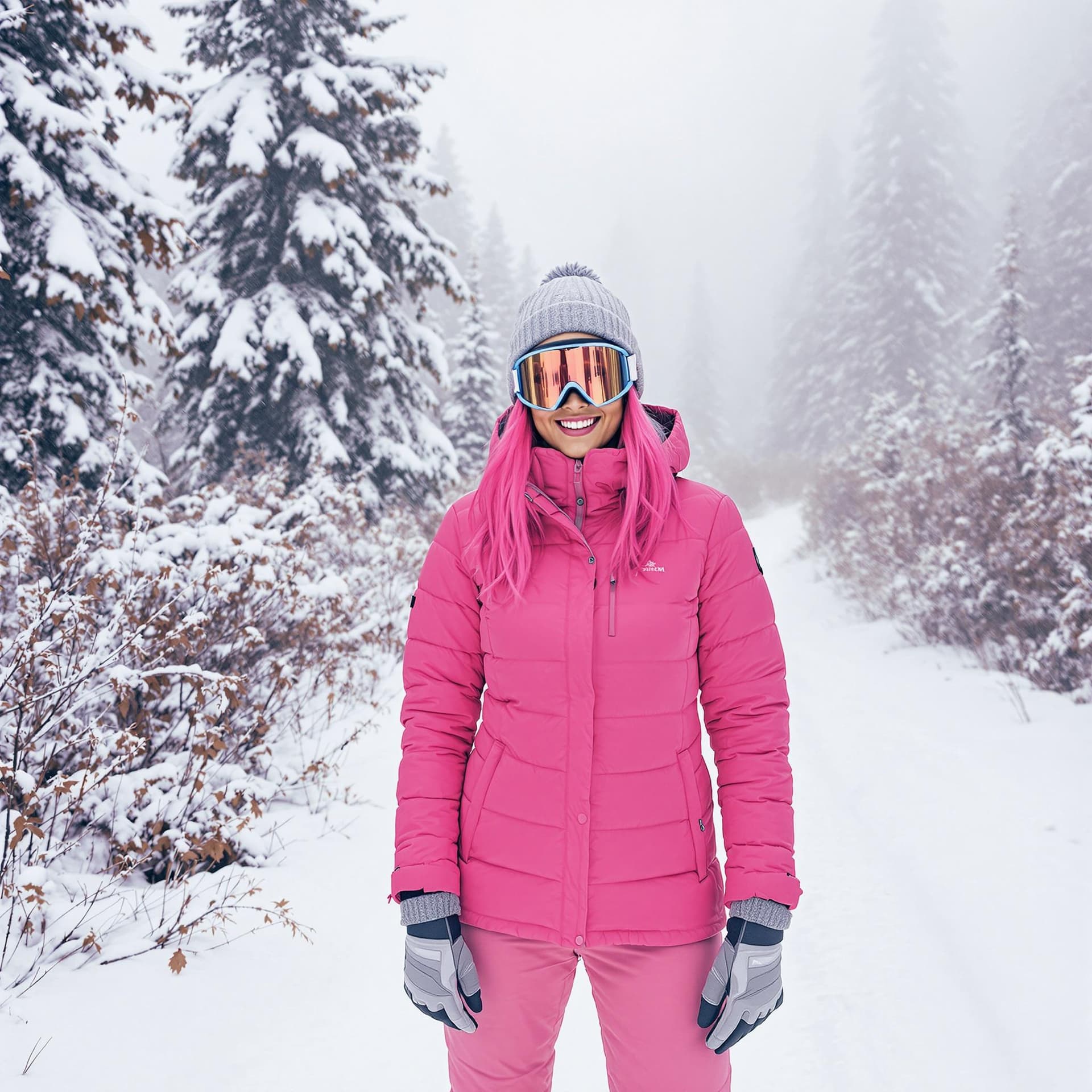 AI generated: Winter scene with a woman in a pink insulated jacket and snow pants, gray gloves, and beanie, standi...