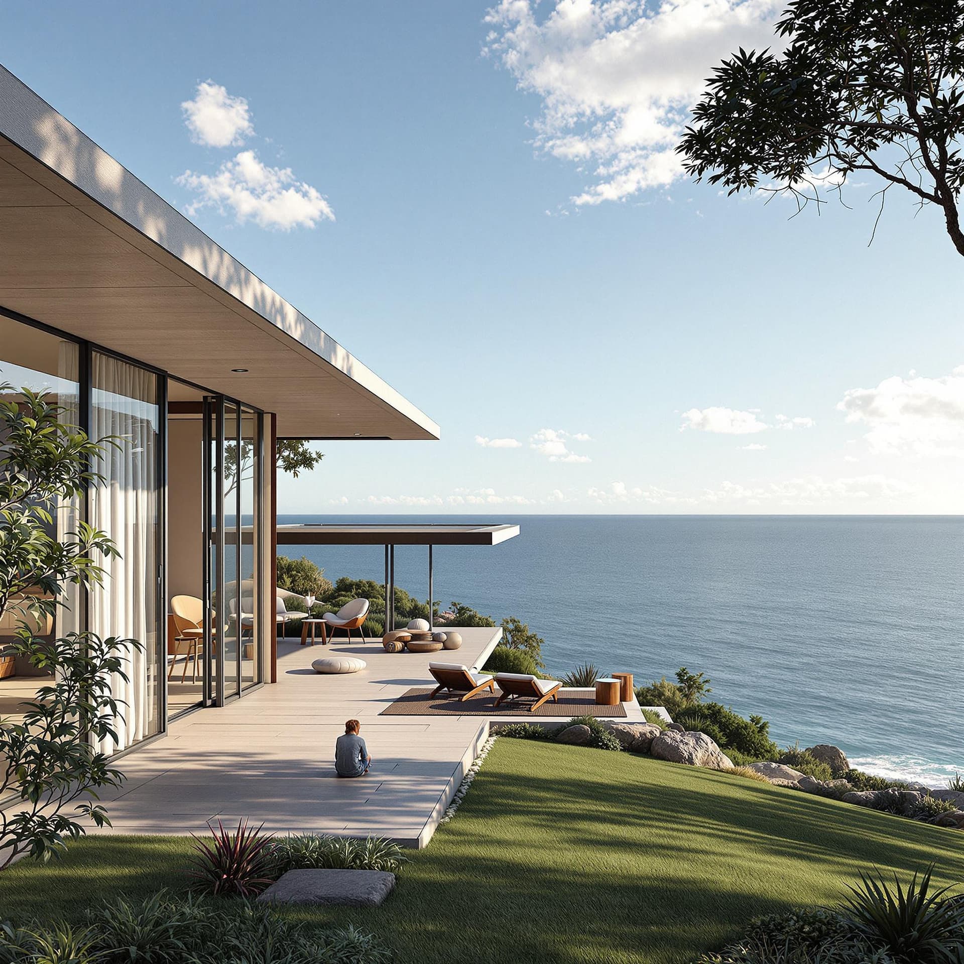 AI generated: Hyper realistic eye level exterior photo of a mid century modern style house overlooking the ocean, ...