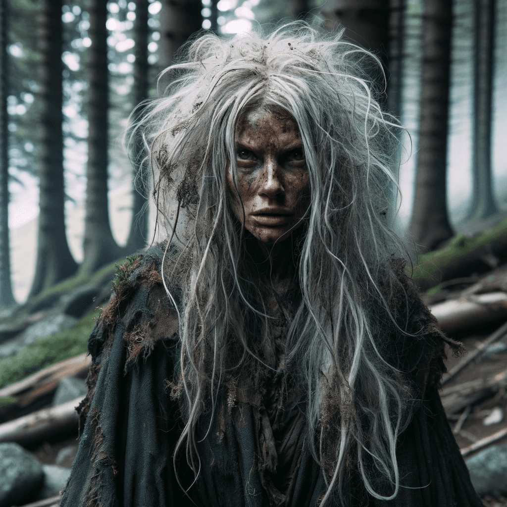 AI generated: A young hag witch with white hair who lives in the woods. she is dirty and unkempt. 