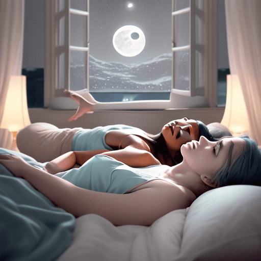 AI generated: High resolution photograph of two people in bed, lying on their backs, the first person in the foreg...