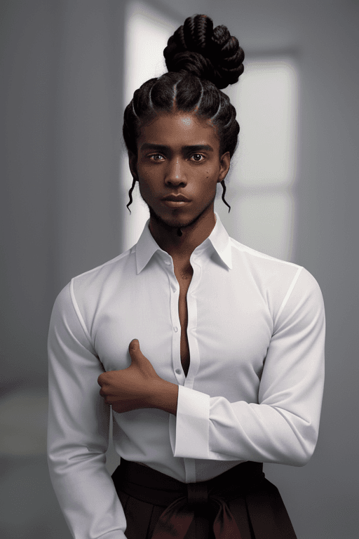 AI generated: <lora:Helltaker:0.5>,

a young black man with his hair tied up in an afro, in a curly fashion, with ...