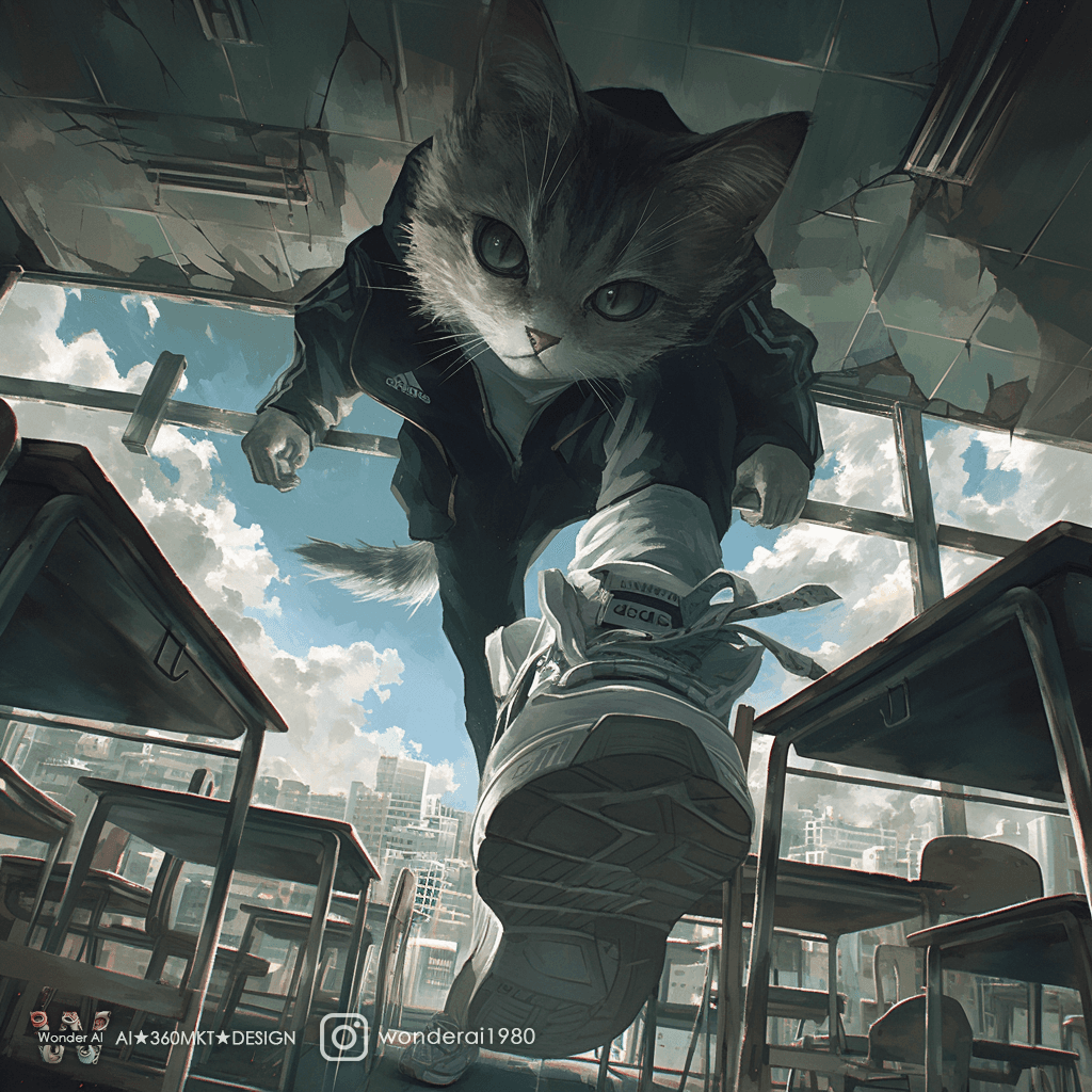 AI generated: supperrealism, Anthropomorphic cute Cybernetic cat wearing Adidas jacket and sneakers, crow around, ...