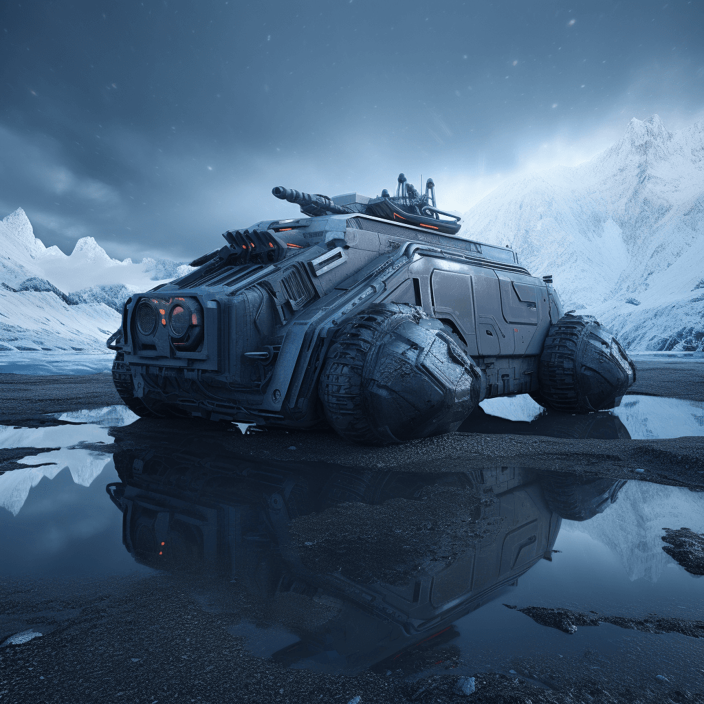 AI generated: manned vehicle with cabin, shaped like a tank, frozen alien planet, blue frozen lake, mountains in t...