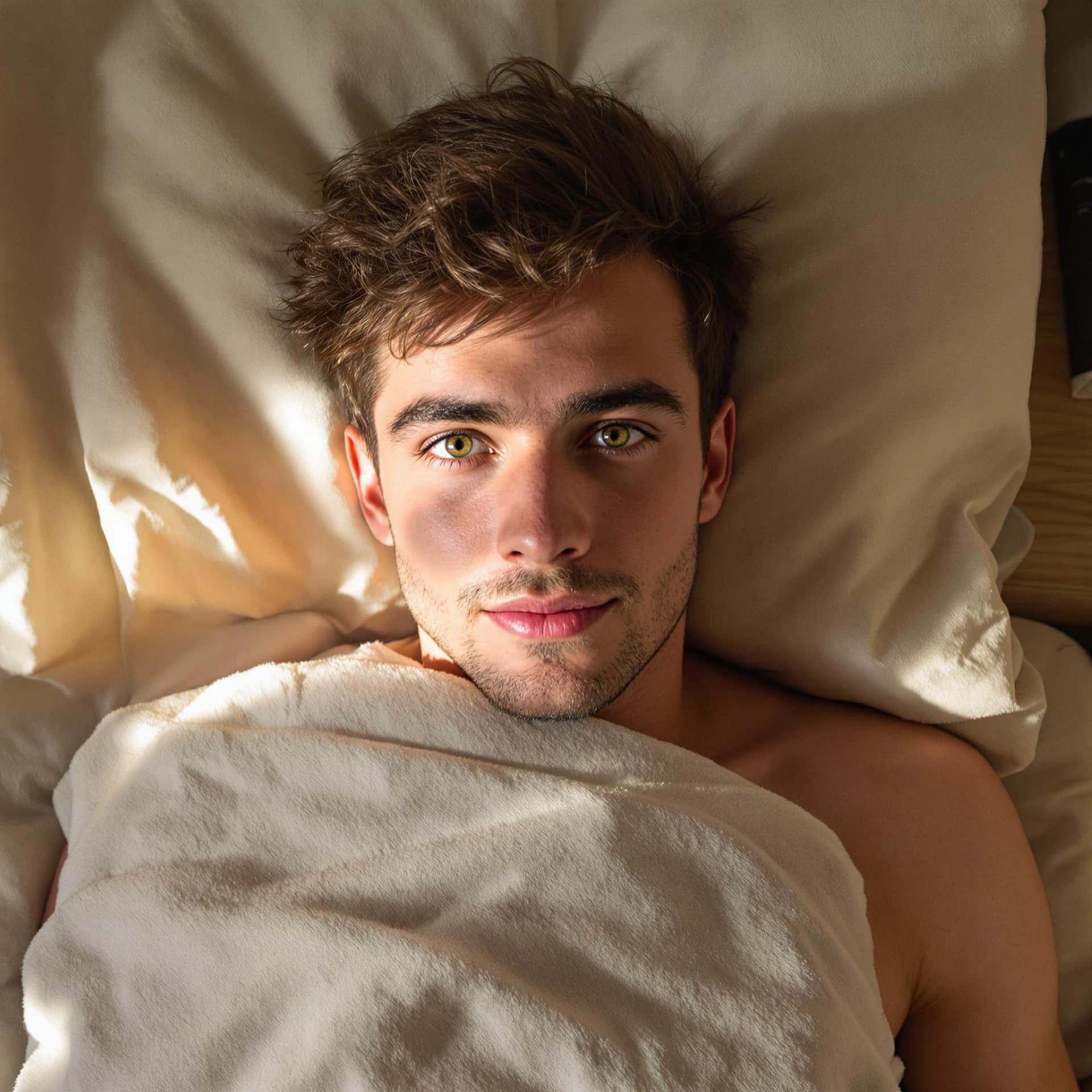AI generated: A handsome young man in his 20s with short brown hair and striking green eyes, lying casually in bed...