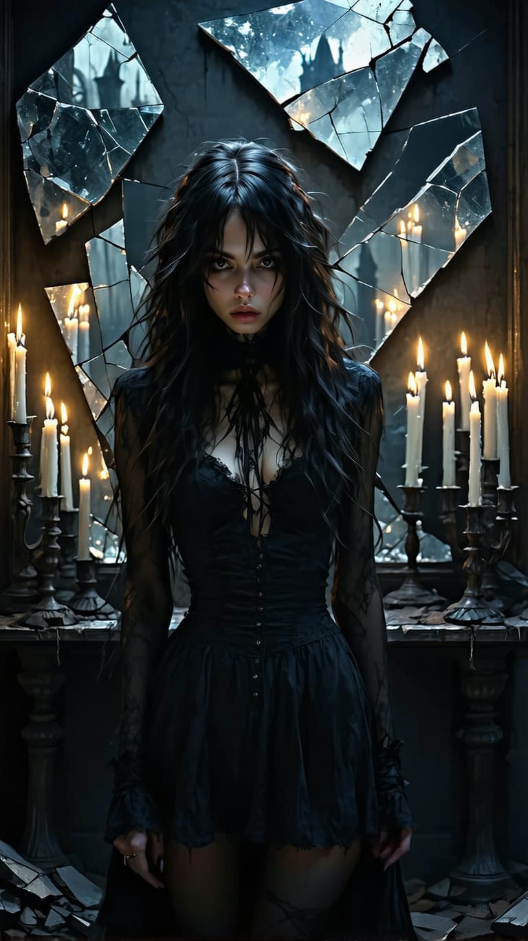 AI generated: A solitary female goth figure with long black wavy hair and bangs in a dark, candlelit room, surroun...