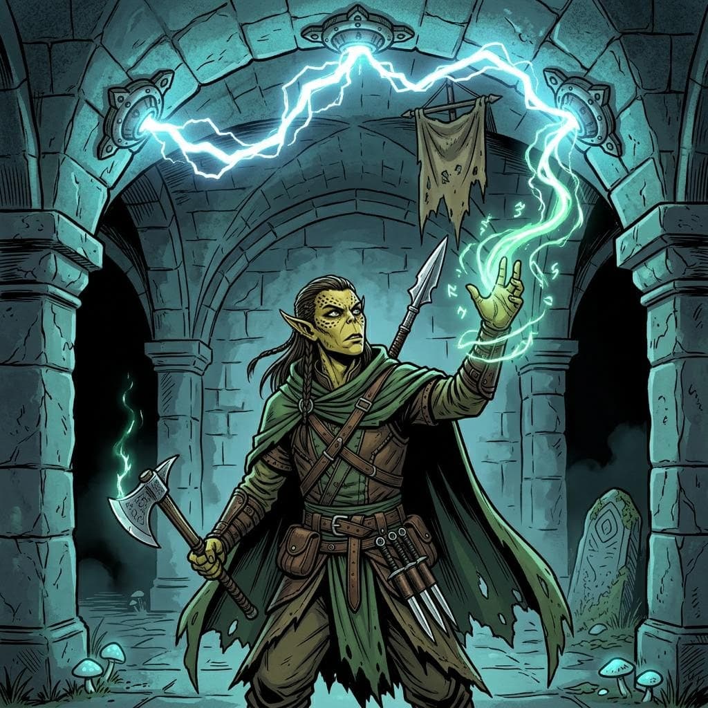 AI generated: a male githzerai ranger uses magic to bend and electrical current traveling from node to node on the...