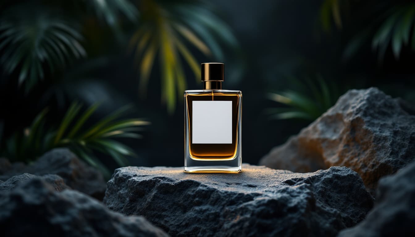 AI generated: Photo of a ultra realistic luxury perfume bottle on a rock with white empty sticker, ad, brand, over...