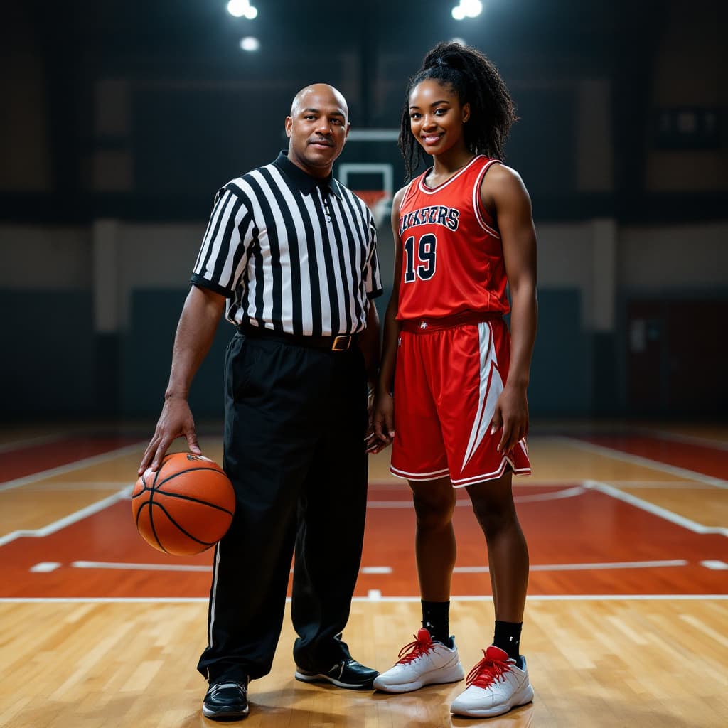 AI generated: generate a 8 ft tall female black american Basket ball player standing beside a 5 ft tall referee po...