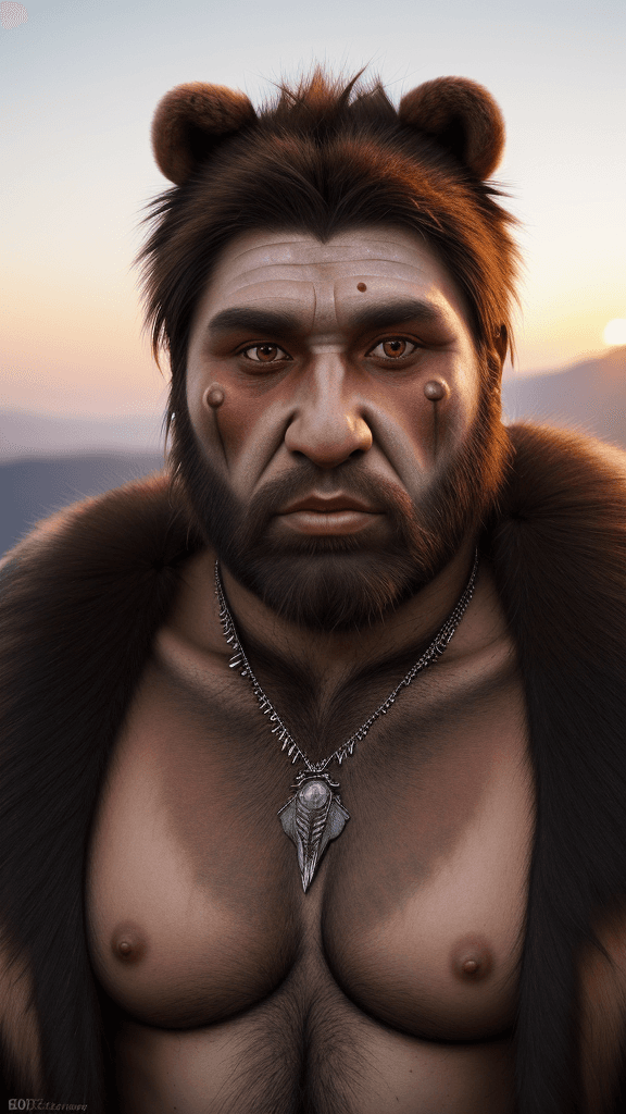 AI generated: hyperrealistic style, portrait photo of a Neanderthal man, warrior hunter, sunset on the mountain, f...