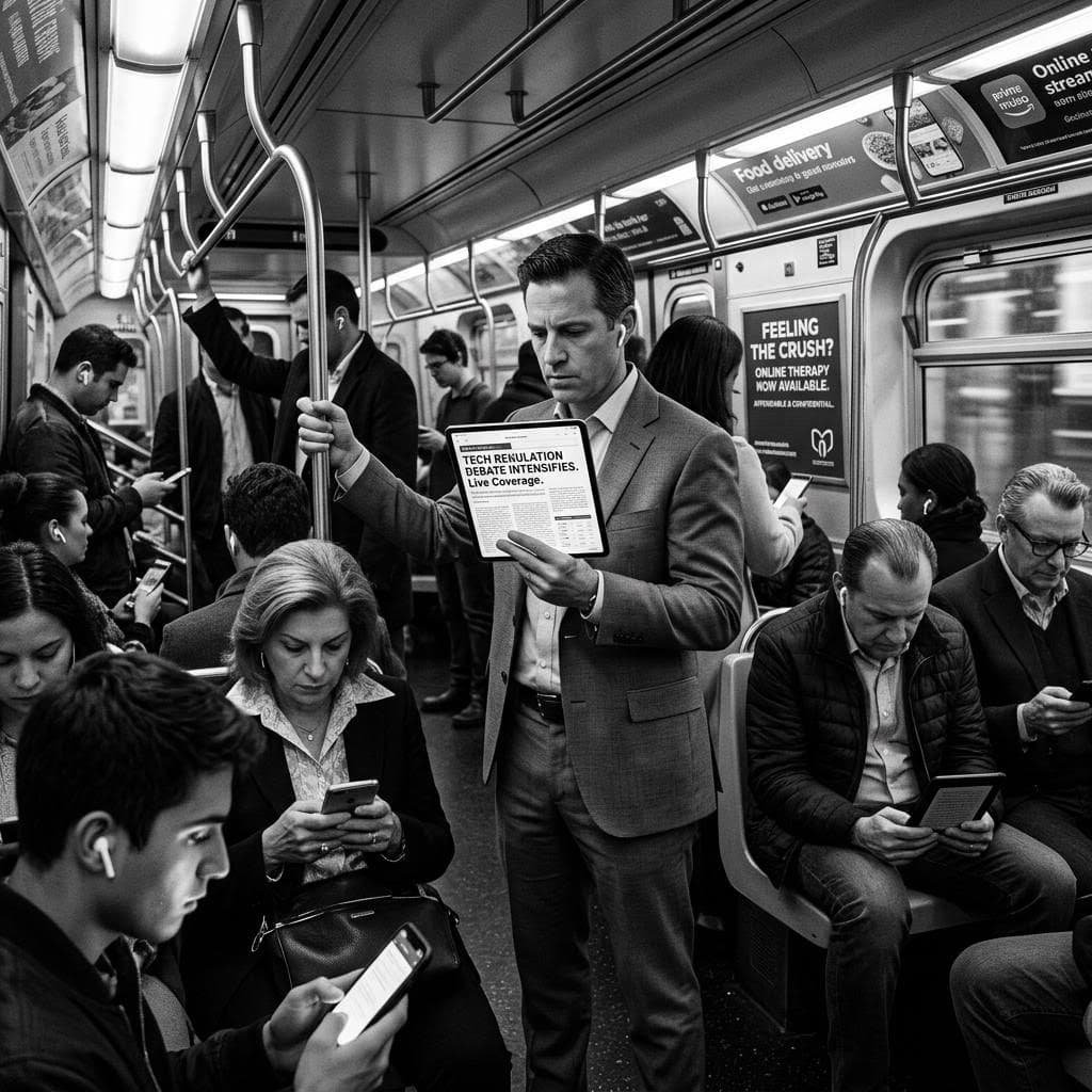 AI generated: Make modern version of this with modern phones and tablets for the people to read on