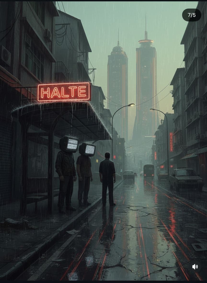 AI generated: cinematic wide shot, dystopian Jakarta 1990s, old bus stop with glowing red neon "Halte" sign, 2 peo...