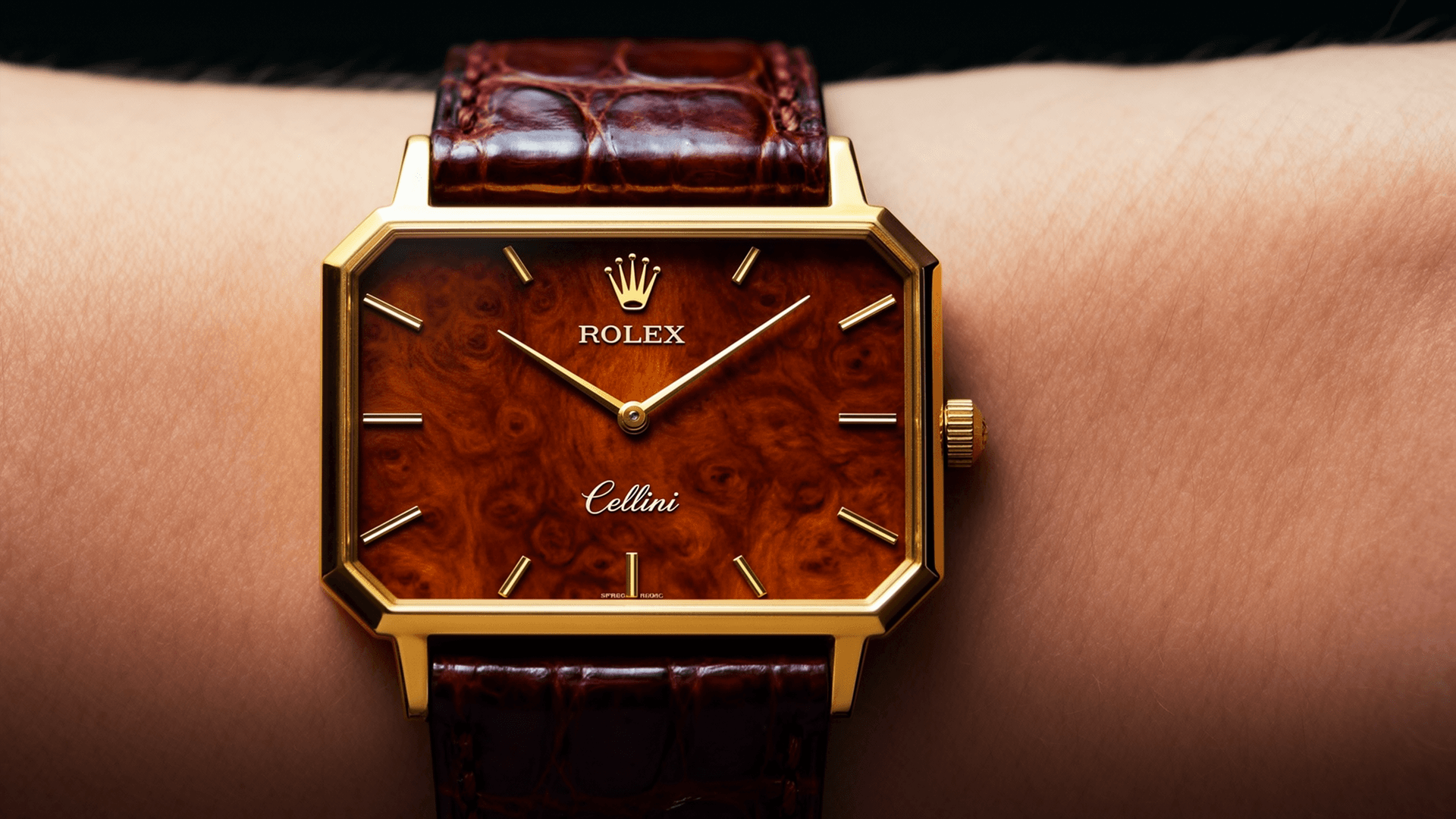 AI generated: A cinematic macro photograph of a vintage luxury Swiss Rolex Cellini wristwatch on a wrist. Perfectl...