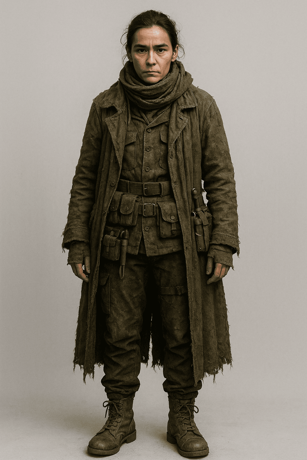 AI generated: A lone figure, clad in heavily layered and distressed utilitarian clothing in shades of dark green, ...