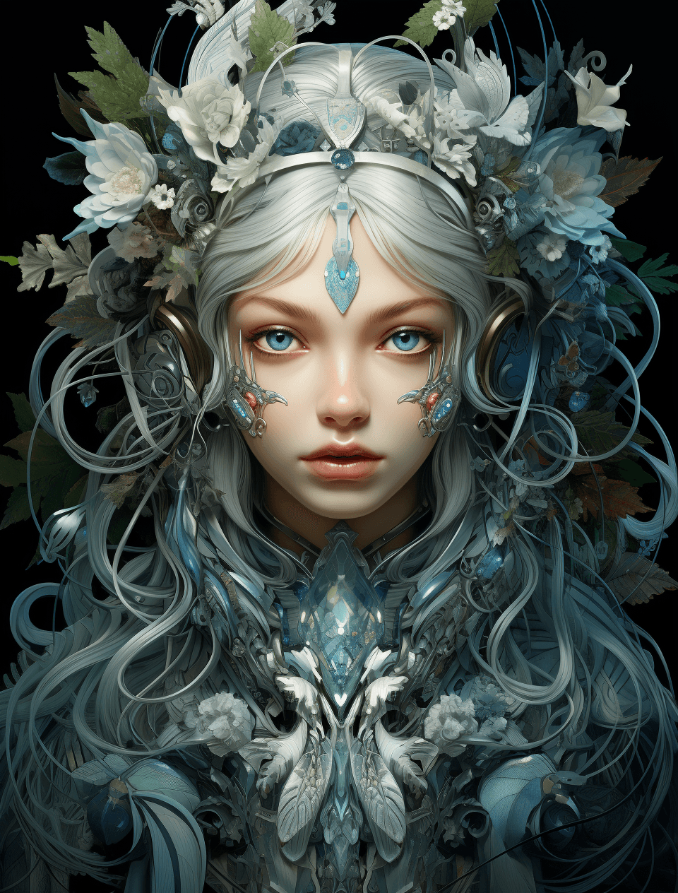 AI generated: xeno fairy ios mobile / tablet screenshot, in the style of ethereal portraiture, dark white and aqua...
