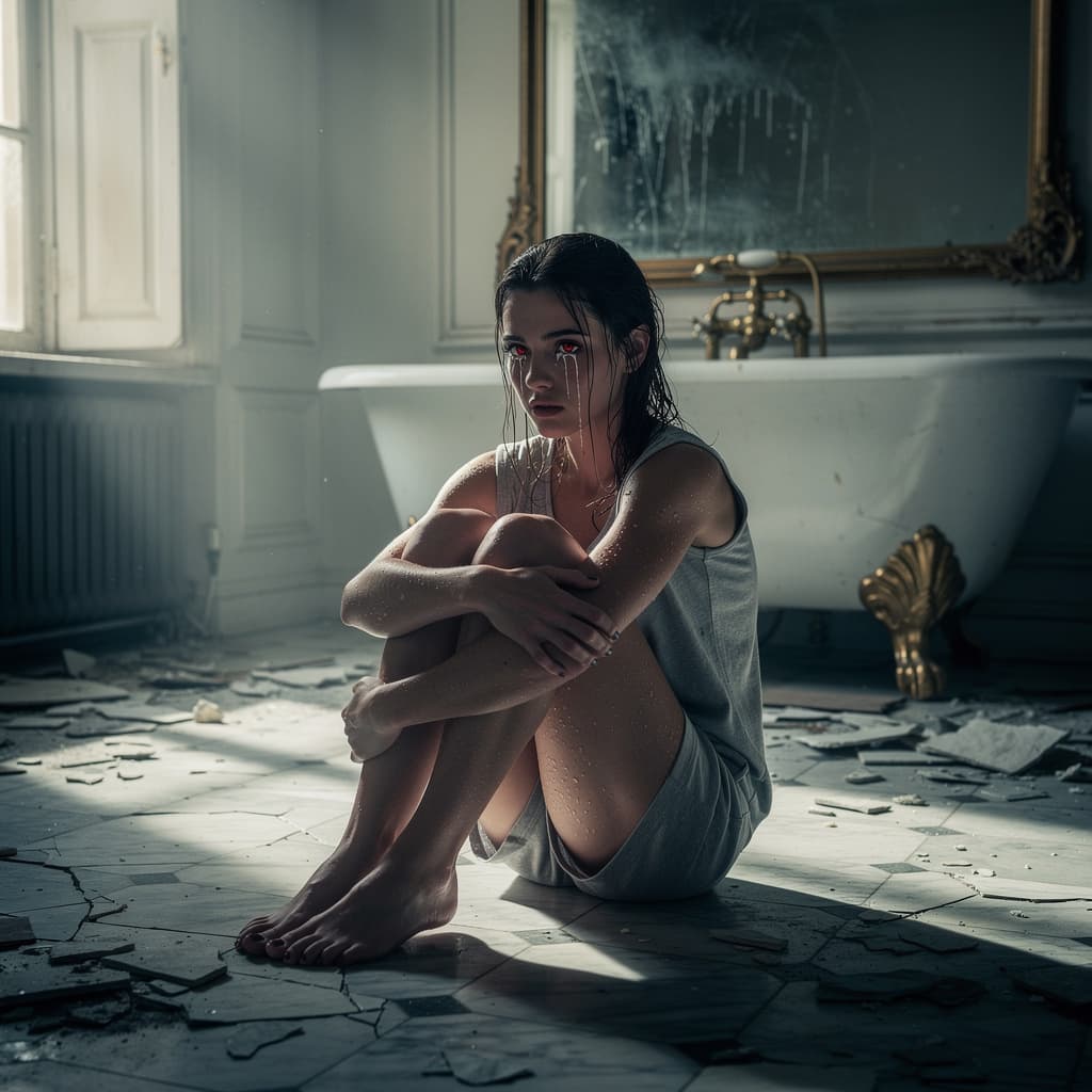 AI generated: "Beautiful 25-year-old nude woman sitting on cold marble floor in an abandoned luxurious bathroom, k...