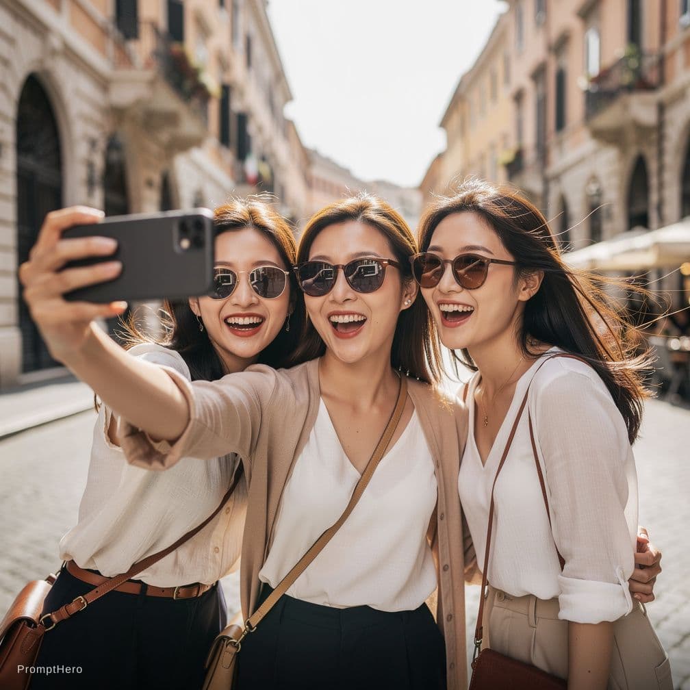 AI generated: three Korean female tourists taking a selfie together,
smartphone visible in the foreground,
selfie ...