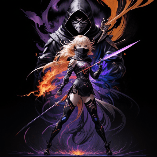 AI generated: masterpiece, Asia Ninja girl, wearing a hood, blonde hair, shrouded in shadows, holding a flaming da...