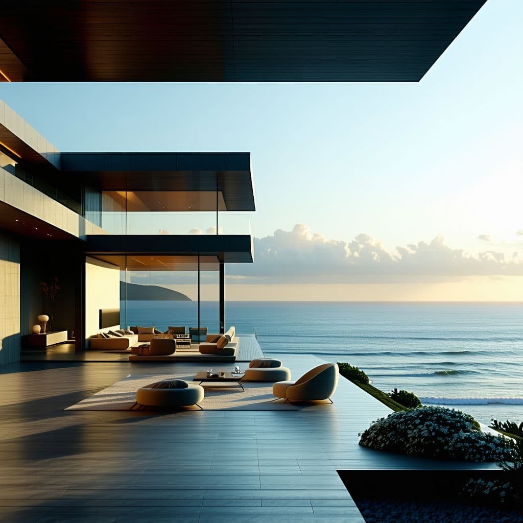 AI generated: Hyper realistic eye level exterior photo of a mid century modern style house overlooking the ocean, ...