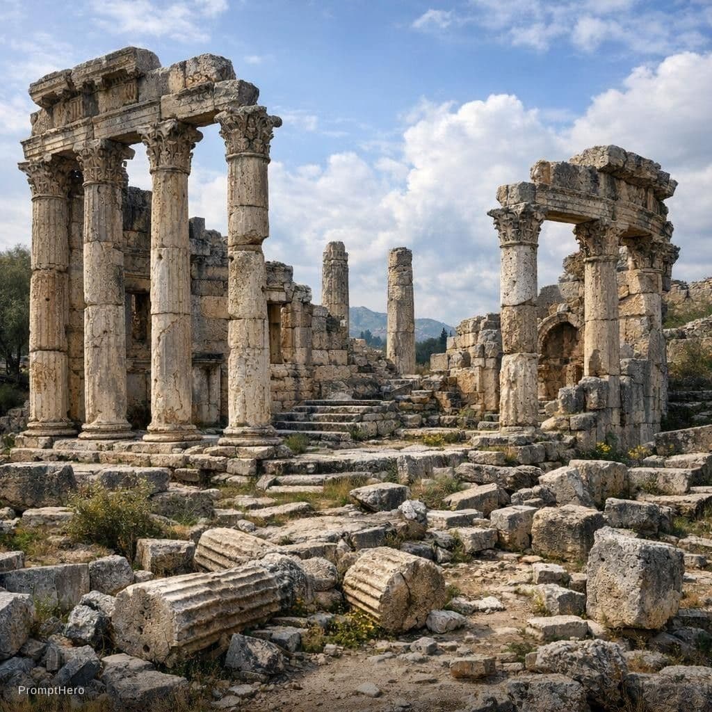 AI generated: Antik bir tapınağın günümüzdeki harap hali.
