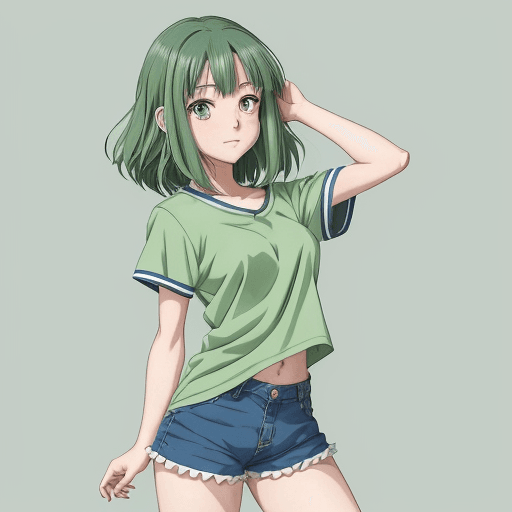 AI generated: anime girl in green shirt and blue shorts posing for picture, by Kose Kanaoka, anime visual of a cut...