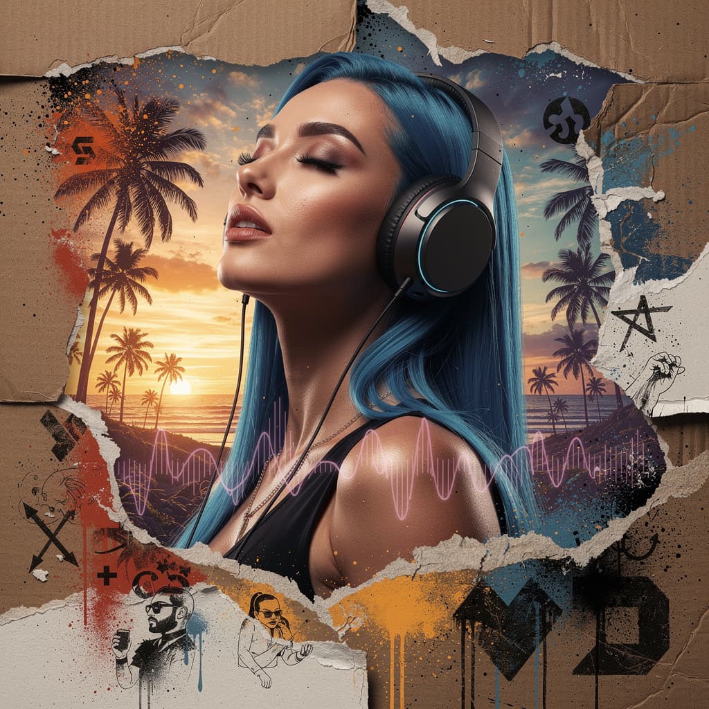 AI generated: Woman with electric blue hair, zoomed out to mid-torso, wearing sleek over-ear headphones, immersed ...
